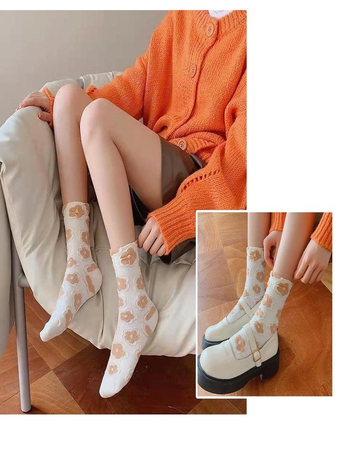 UINSUE Mid Tube Crew Socks with Lace Ruffled Cuffs Delicate Embroidered Floral and Ruffle Designs Assorted Colors Pack of 5 Suitable for Women's Size 5-10 - Image 4